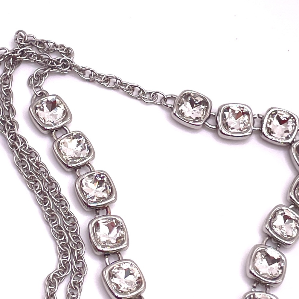 Contemporary Silver Tone Chiclet Crystal Y Tassel Long Necklace - Picture 13 of 13